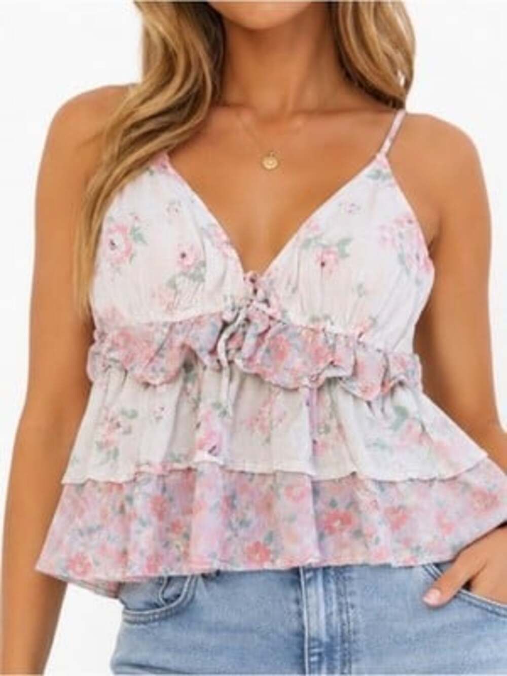 Hollister Floral Ruffle Tiered Spaghetti Strap Women's Top - Pink Y2K style SZ S